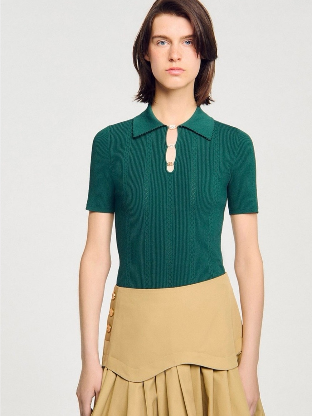 Sandro Magee Women’s Green Short-Sleeve Knit Polo Top